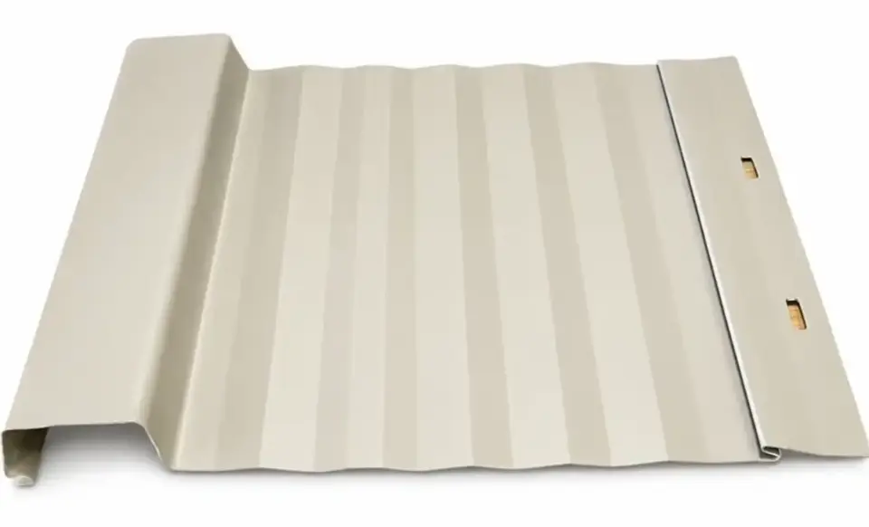 Board and batten paneling used for siding.