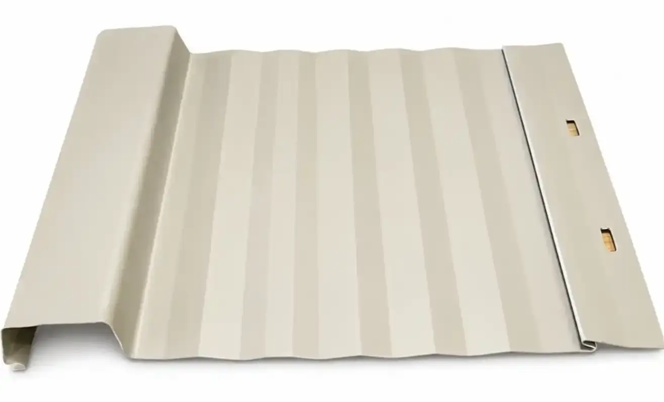 Board and batten paneling used for siding.